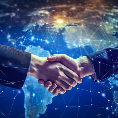 Businessman shaking hands with hologram globe map background. Businessman touching technology, global network and data exchange. Generative Ai