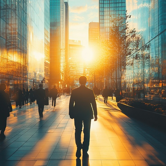 Blurred photo of business people walking in the business center of a metropolis, soft evening sunlight.