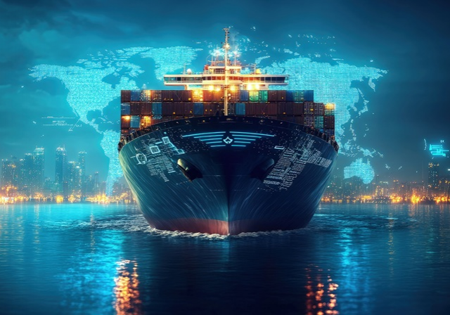 Front view shows a large container cargo ship sailing on calm waters, illuminated against a backdrop of a digital map of the world and city skylines.
