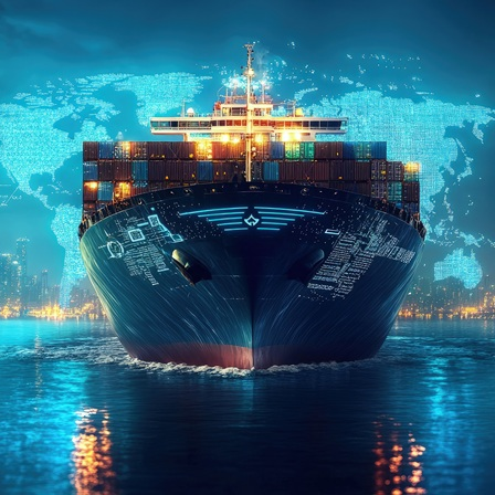 Front view shows a large container cargo ship sailing on calm waters, illuminated against a backdrop of a digital map of the world and city skylines.